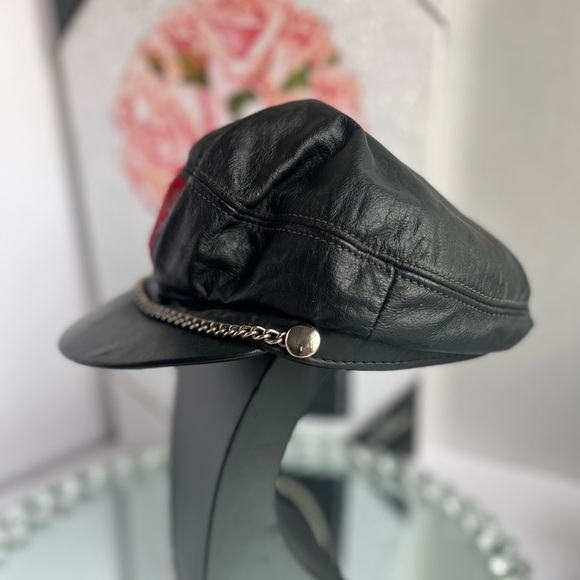 ELVIS Presley vintage Motorcycle Biker Cap Black Leather silver chain  XL - Picture 2 of 8